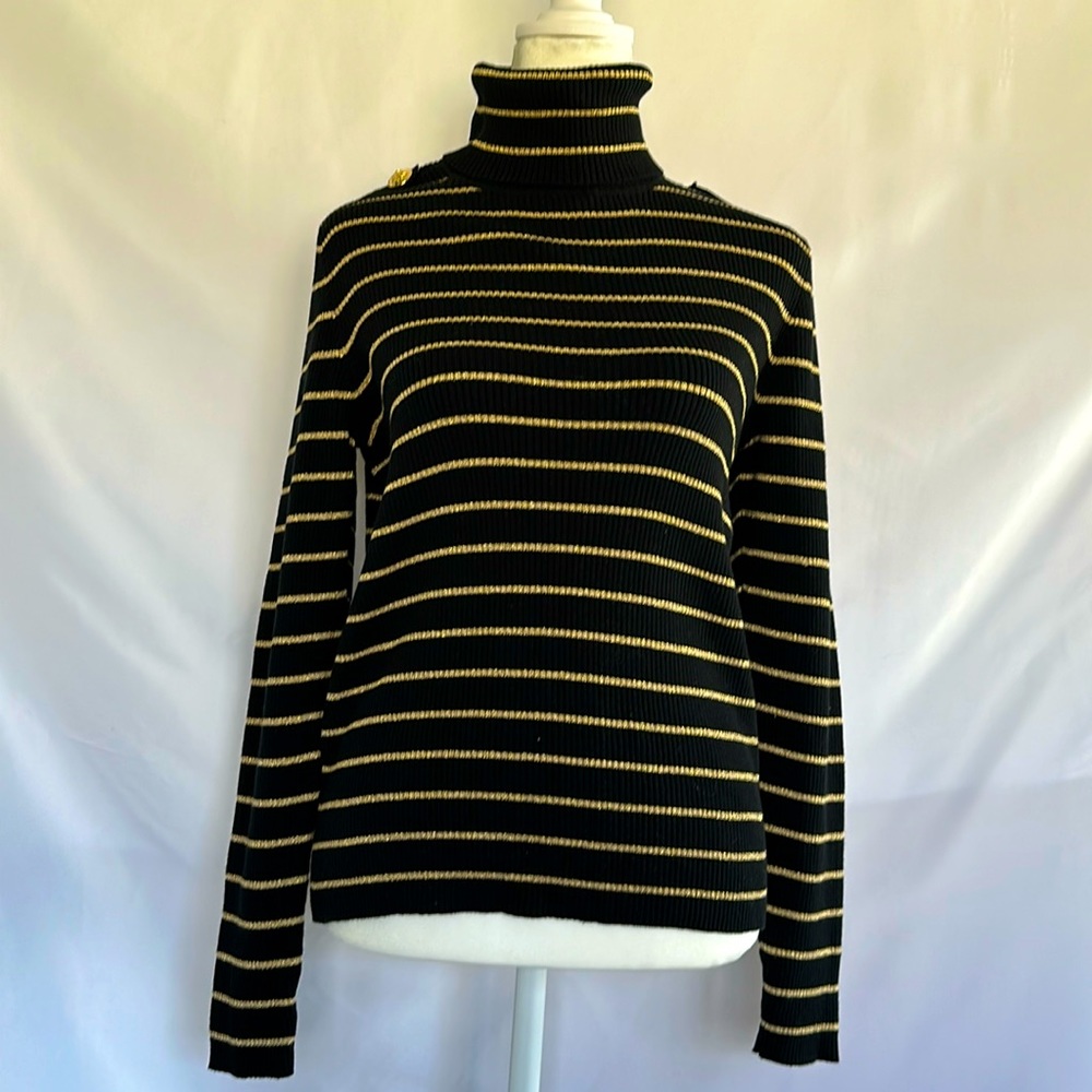 Lauren Ralph Lauren Women’s Black and Gold Striped Turtleneck Sweater Top